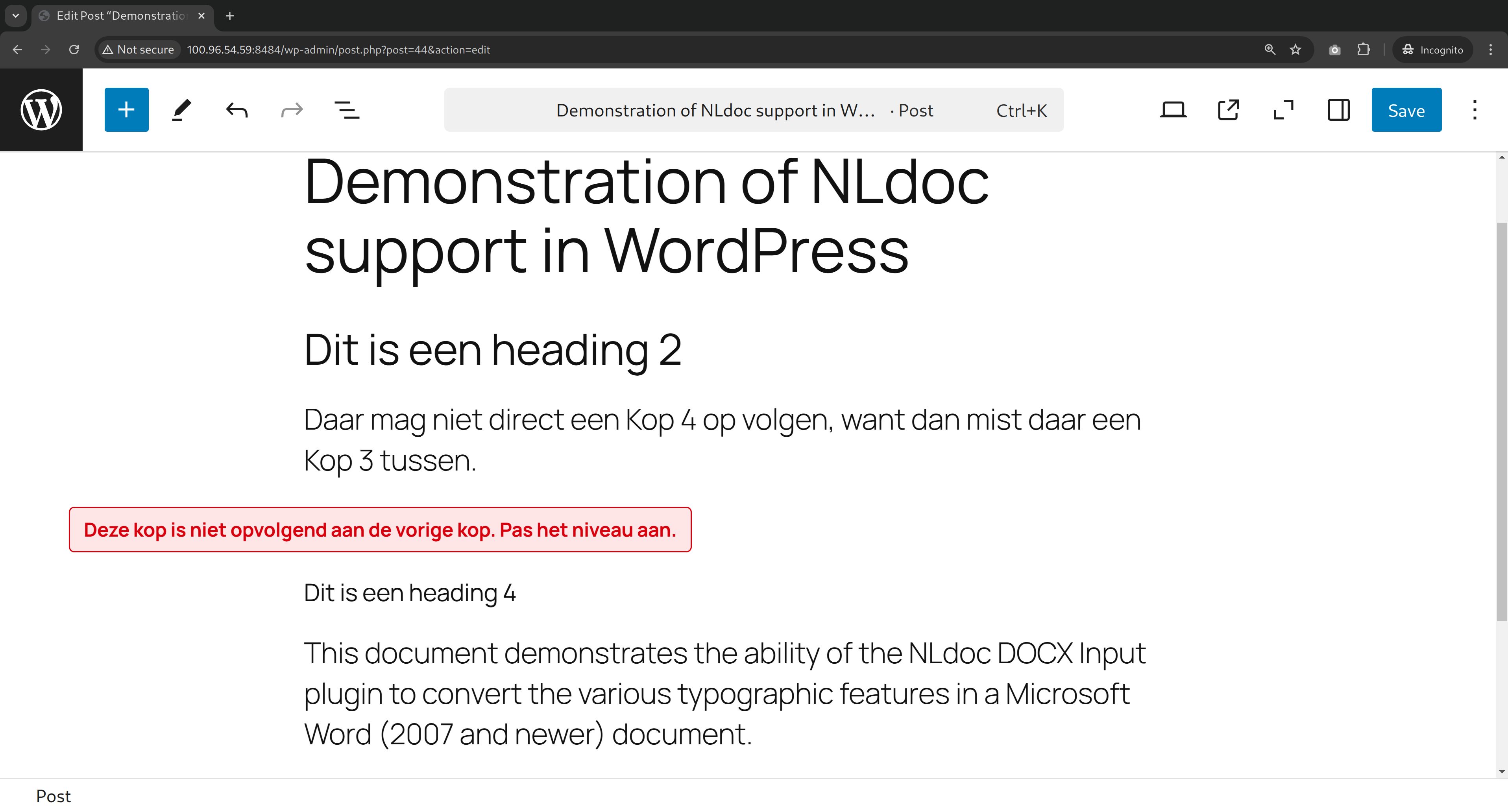 Image: Screenshot of NLdoc integration in Wordpress Gutenberg editor