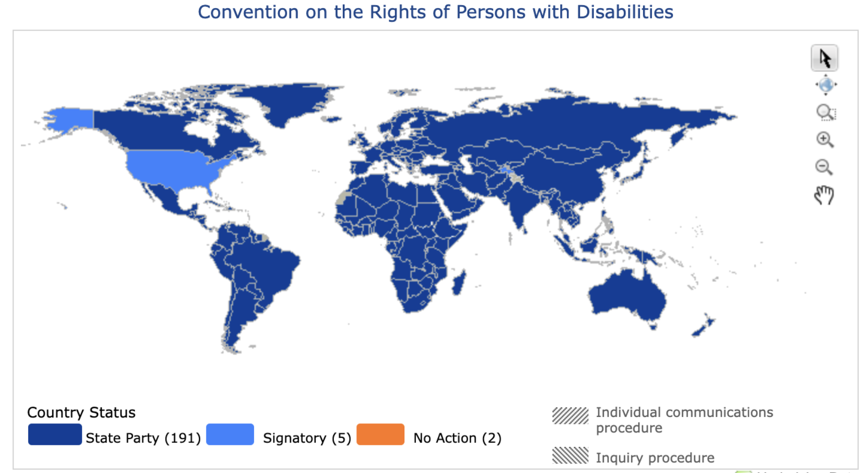 map of the world that shows that almost all countries in the world ratified the un convention, a few countries are lighter blue including the US, meaning signatory.