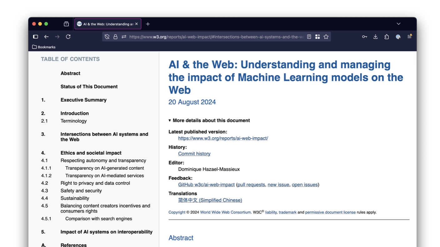 screenshot of w3c ai and the web paper note by Dominique Hazael-Massieux
