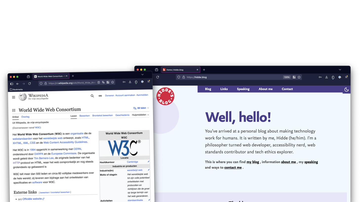 screenshots of w3c wikipedia page and hidde's blog