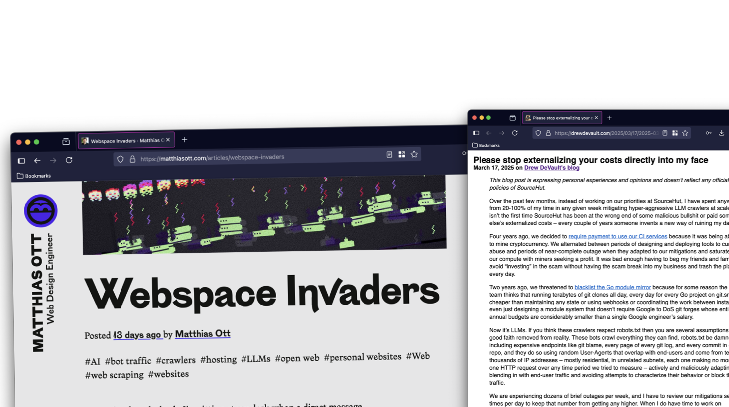 screenshots of matthias blog and drew devaults post 'please stop externalising your costs directly into my face'
