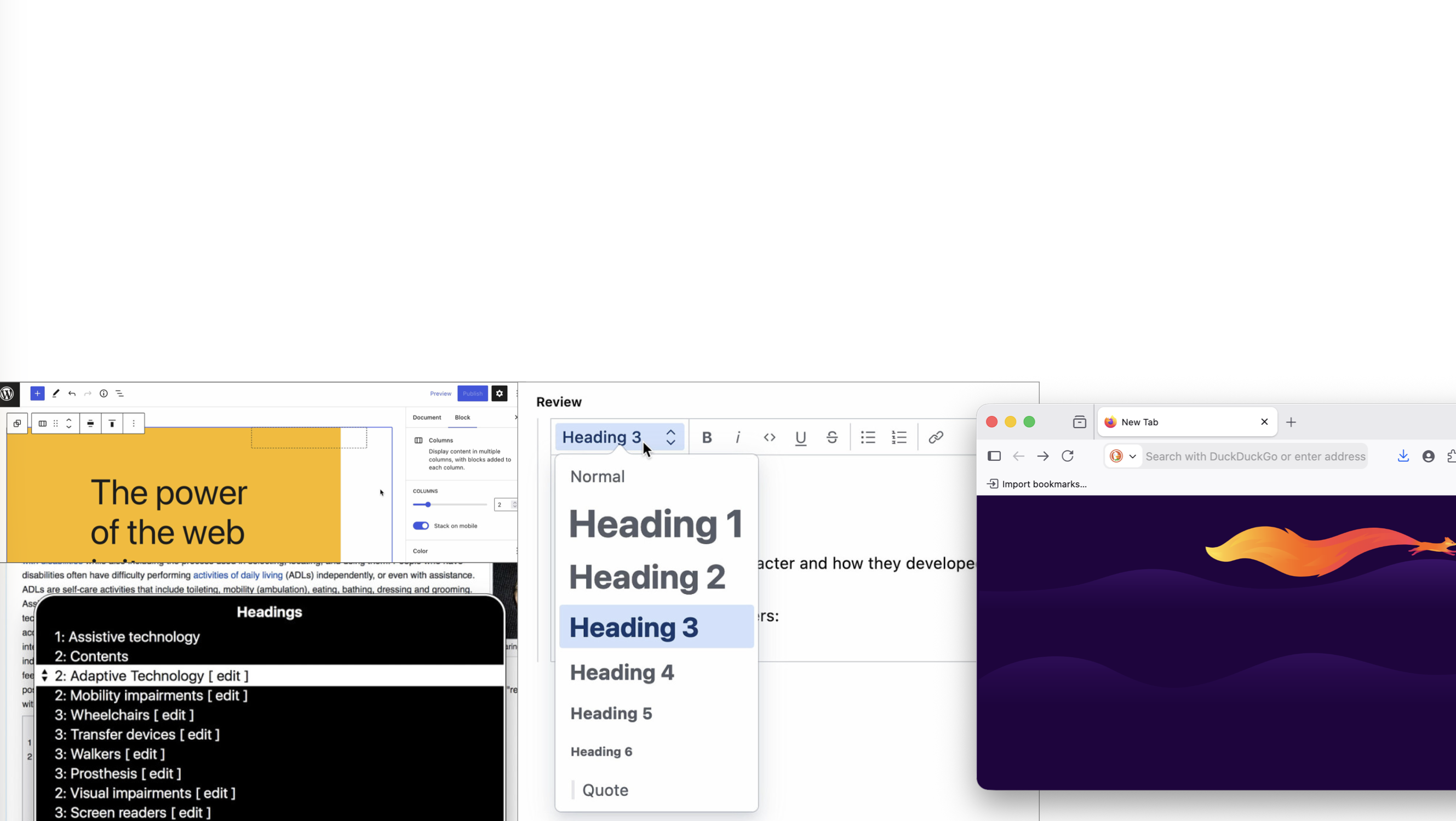 van links naar rechts: WordPress editor, screenshot van voiceover headings menu, Sanity WYSIWYG editor, Firefox beginscherm.