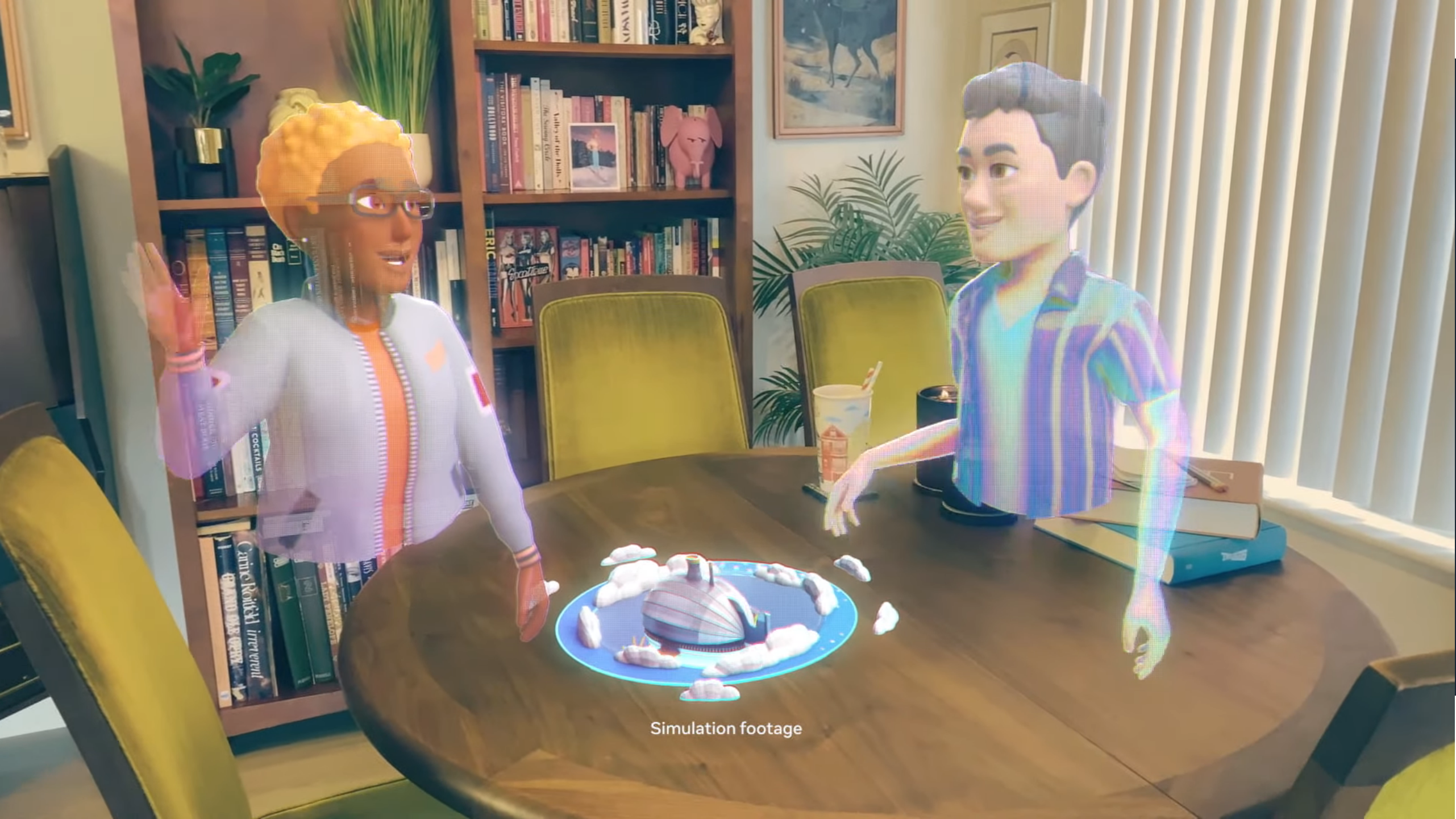 doorzichtige virtuele mensen die aan een soort tafel zitten