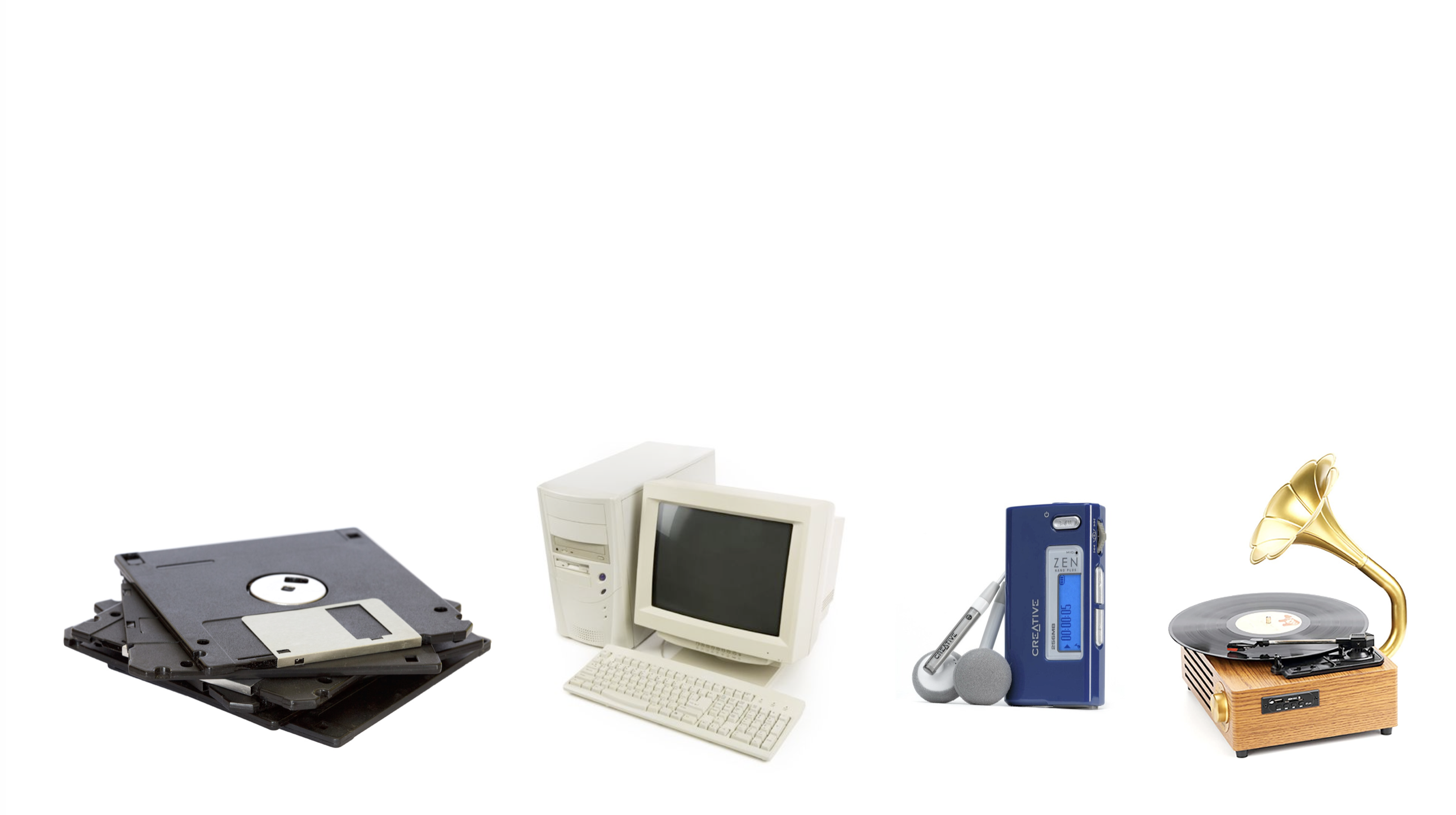 van links naar rechts: floppy disks, jaren negentig computer, mp3 speler en een hele oude platenspeler.